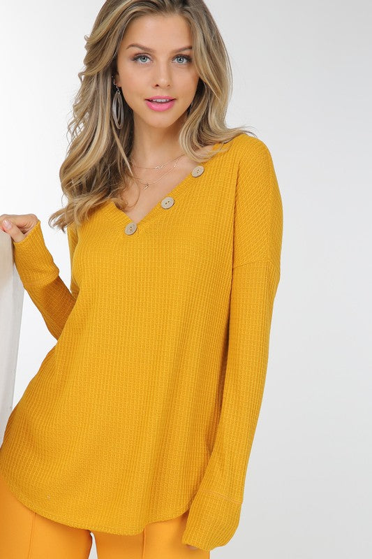 Golden Days Waffle Knit Top – Mustard with Button Detail