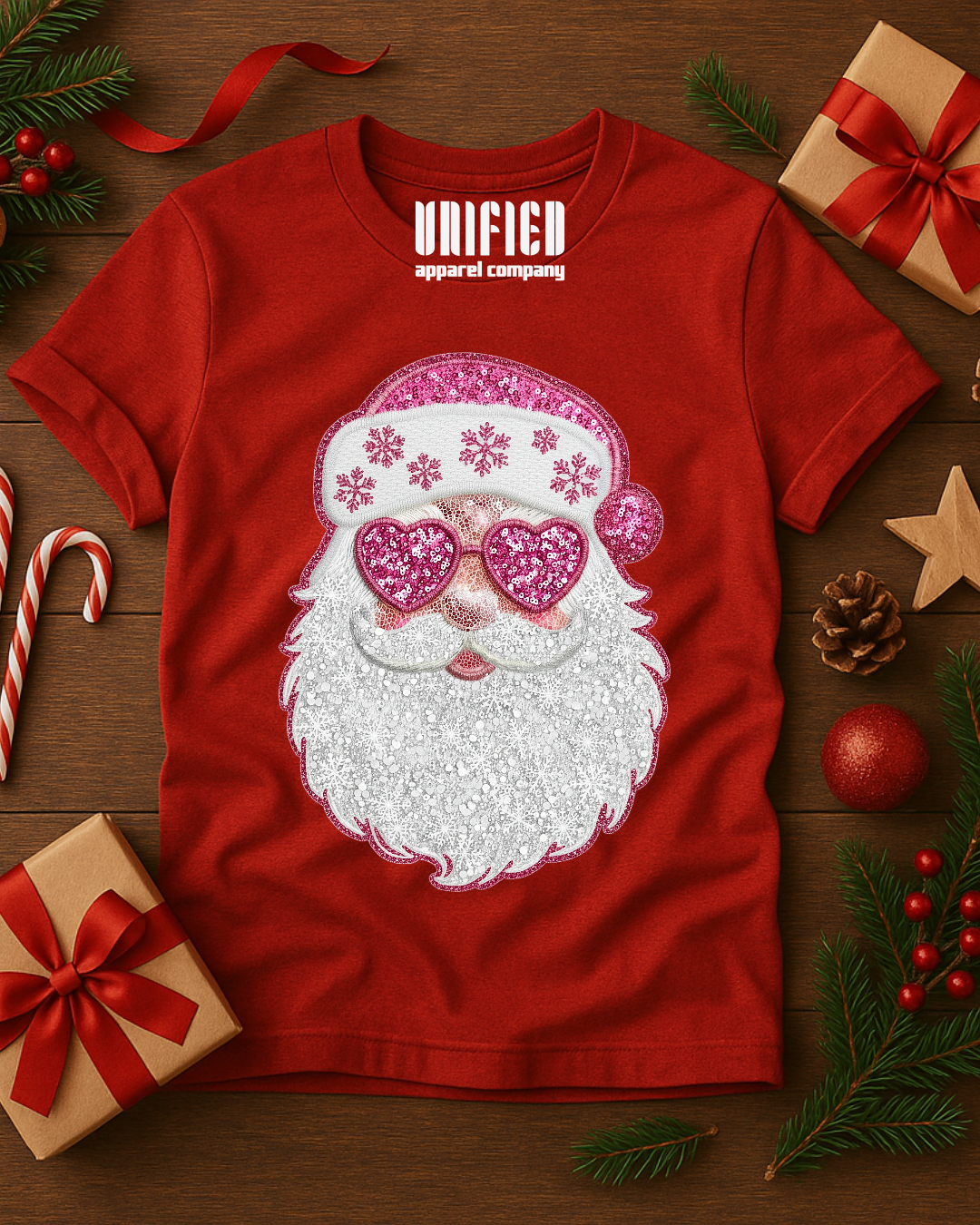 Pink Sparkle Santa T-Shirt | Christmas Graphic Tee | Holiday Shirt for Women
