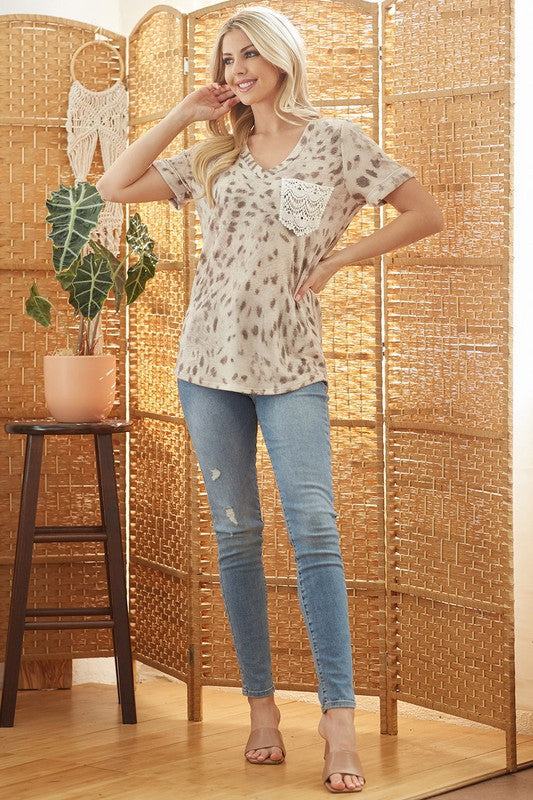 Cozy Chic Leopard V-Neck Tee with Crochet Pocket