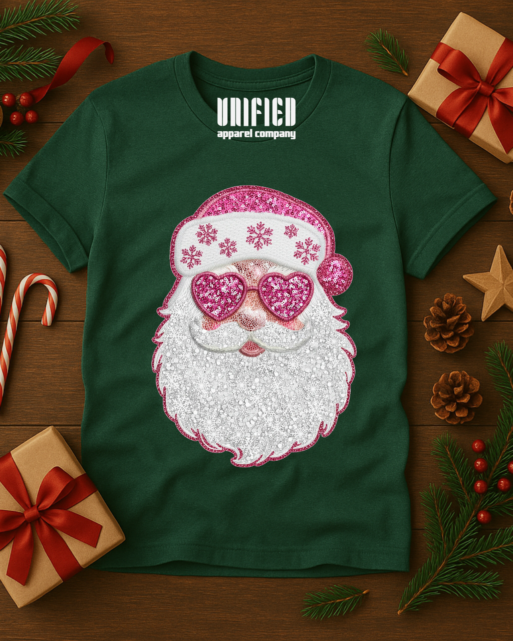 Pink Sparkle Santa T-Shirt | Christmas Graphic Tee | Holiday Shirt for Women