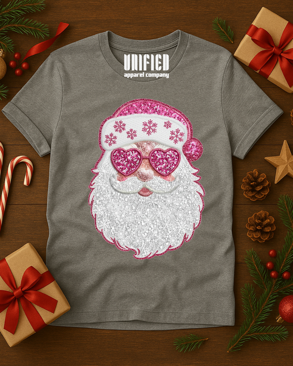 Pink Sparkle Santa T-Shirt | Christmas Graphic Tee | Holiday Shirt for Women