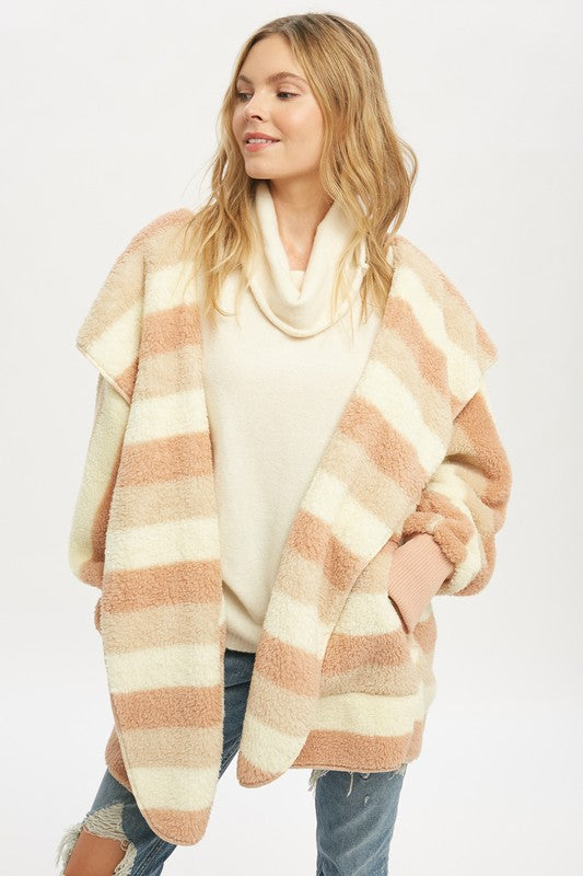 Cocoa Cream Striped Sherpa Cardigan – Buttery Soft & Oversized