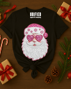 Pink Sparkle Santa T-Shirt | Christmas Graphic Tee | Holiday Shirt for Women