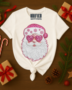 Pink Sparkle Santa T-Shirt | Christmas Graphic Tee | Holiday Shirt for Women