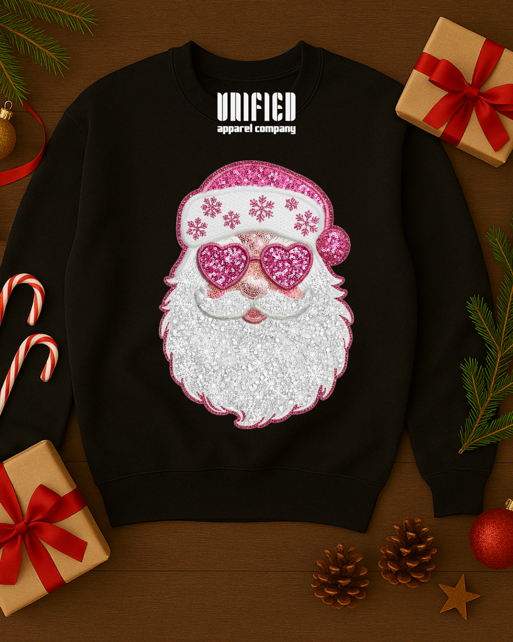 Pink Sparkle Santa Sweatshirt | Christmas Graphic Pullover | Holiday Sweater for Women