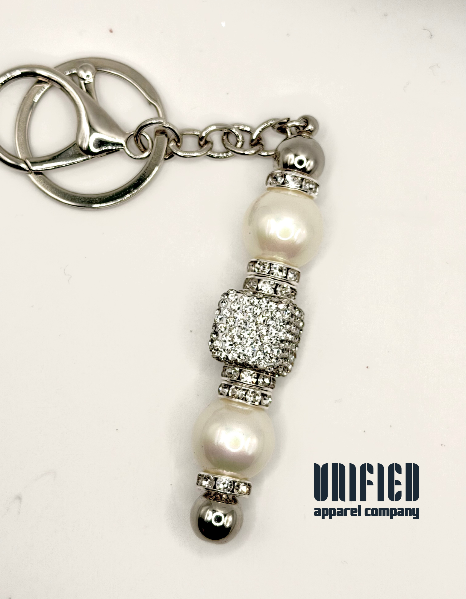 Pearl & Rhinestone Beaded Keychain with Silver Lobster Clasp