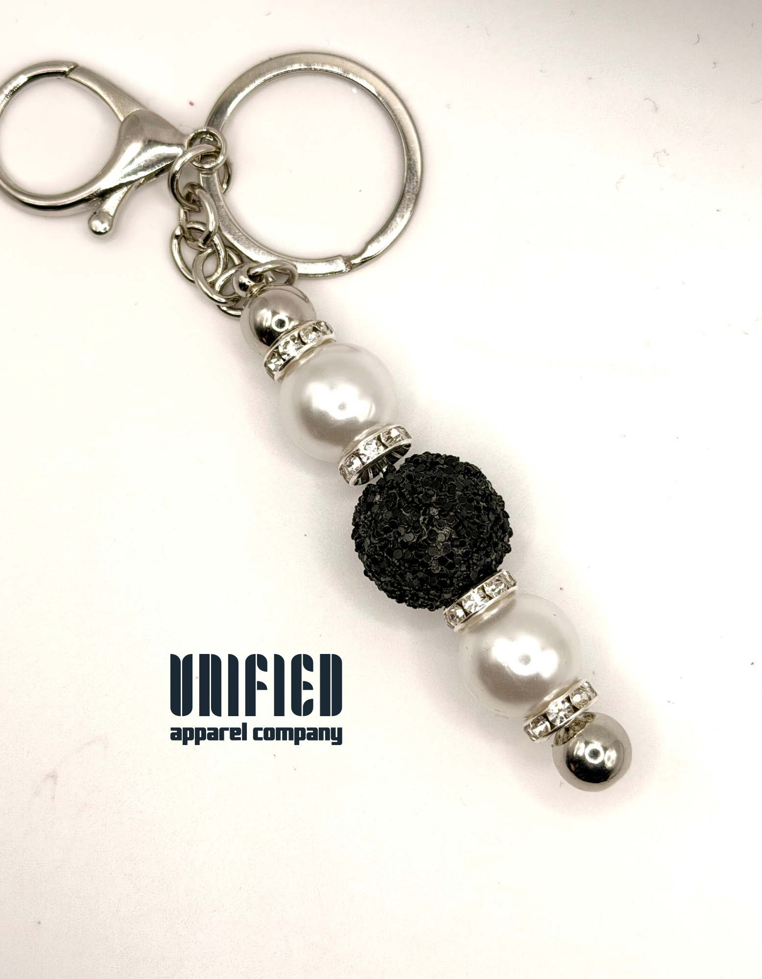 Black & Pearl Beaded Keychain with Heart Clip