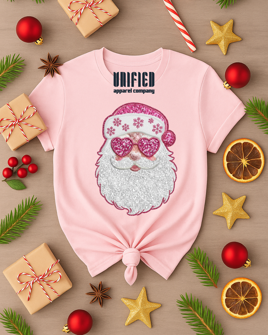 Pink Sparkle Santa T-Shirt | Christmas Graphic Tee | Holiday Shirt for Women