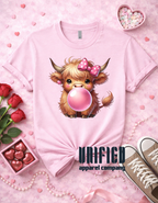 Bubblegum Love Highland Cow V-Neck or Crew Neck Tee
