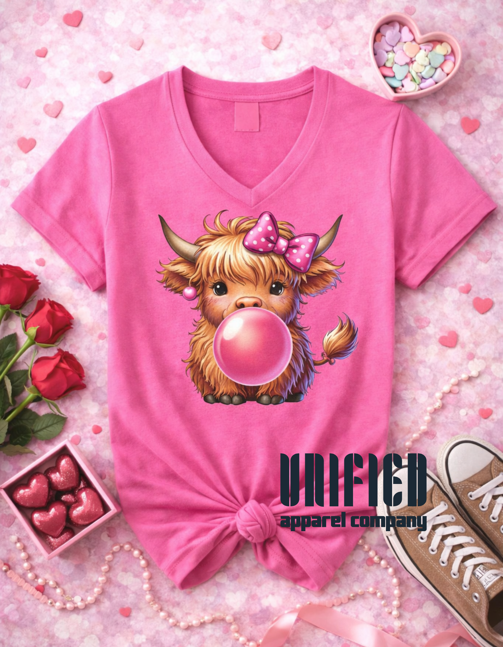 Bubblegum Love Highland Cow V-Neck or Crew Neck Tee