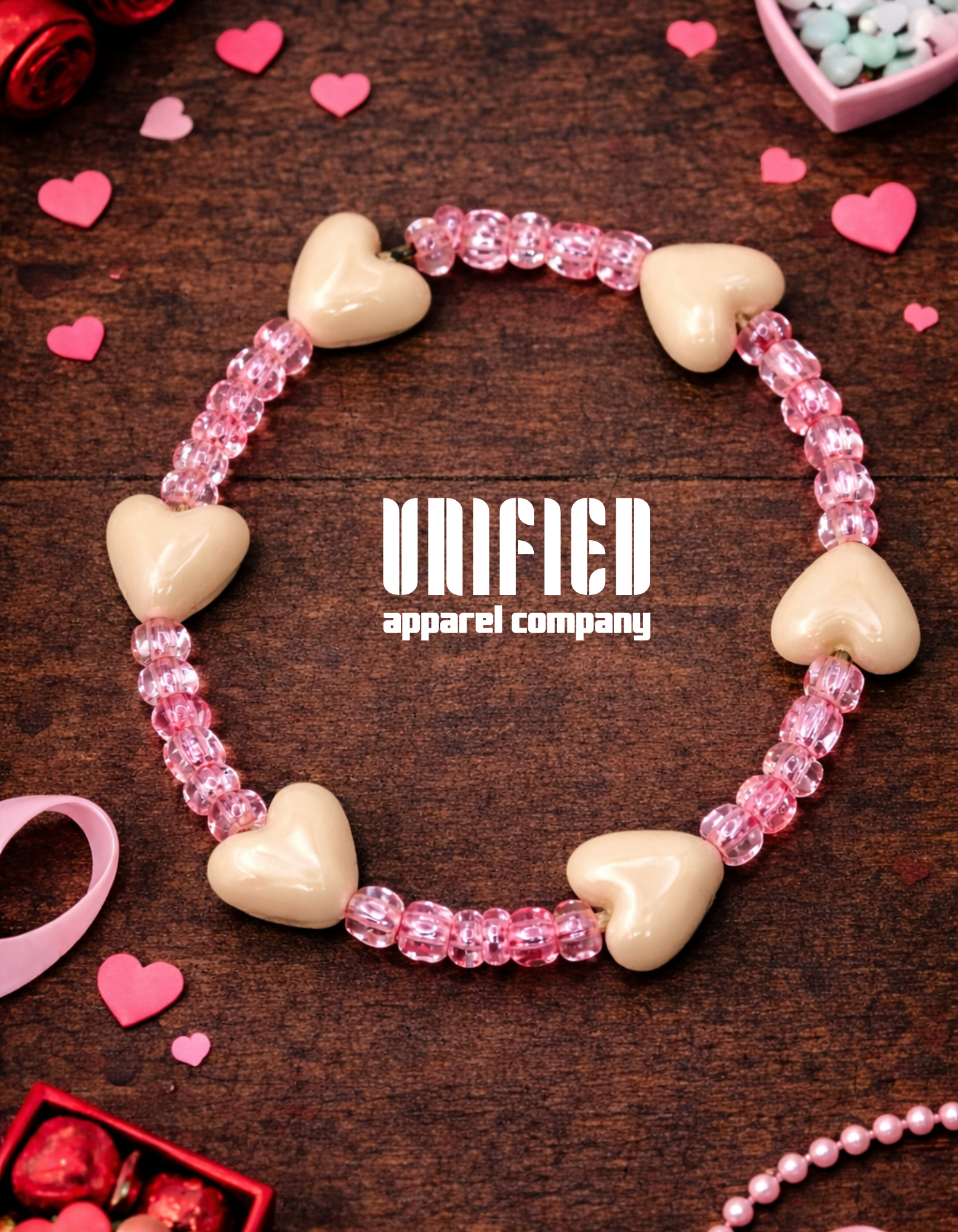 Pink Heart Beaded Bracelet – Handmade Valentine Style Stretch Bracelet