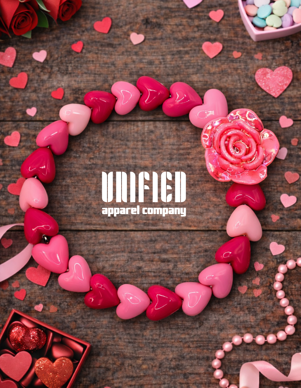 Pink & Red Heart Beaded Bracelet with Rose Accent – Handmade Stretch Bracelet