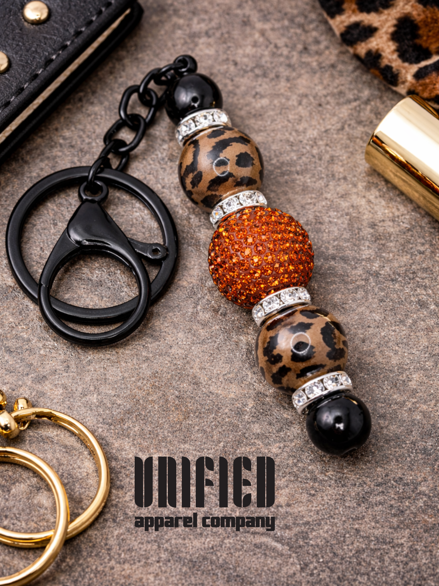 🐆 Leopard & Amber Sparkle Beaded Keychain