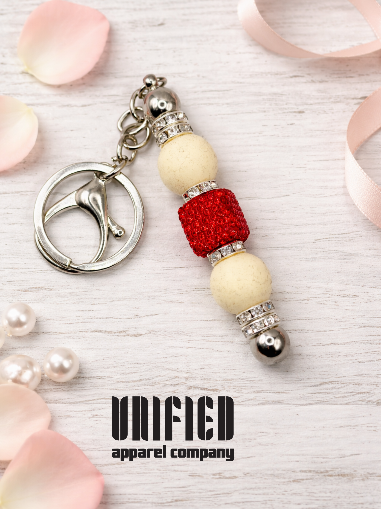 Red & Cream Rhinestone Beaded Keychain | Handmade Sparkle Keychain