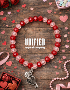 Red & Blush Faceted Heart Key Charm Bracelet – Valentine Stretch Bracelet