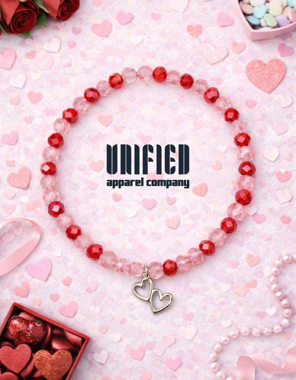 Double Heart Valentine Beaded Bracelet – Pink & Red Crystal Stretch Bracelet