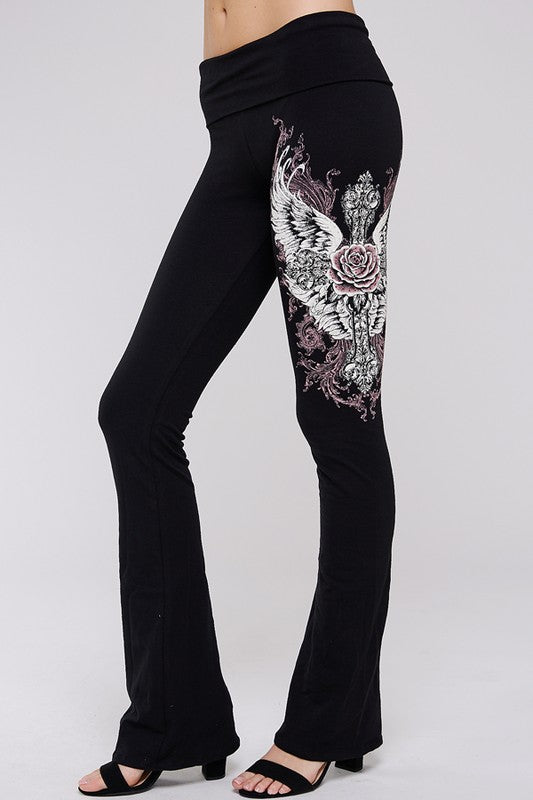 Rebel Rose Flare Pants – Winged Skull & Cross Graphic