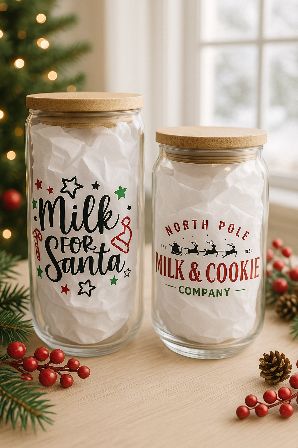 Milk for Santa and North Pole Milk & Cookie Company holiday glasses