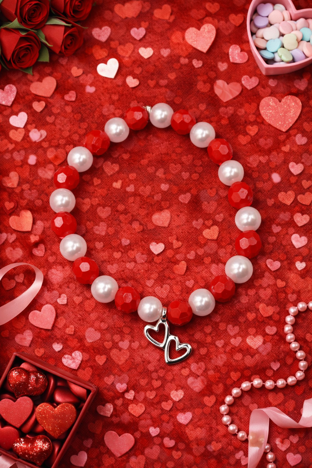 Red & Pearl Double Heart Valentine Bracelet – Beaded Stretch Bracelet