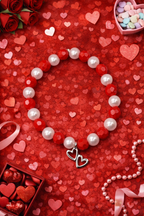 Red & Pearl Double Heart Valentine Bracelet – Beaded Stretch Bracelet