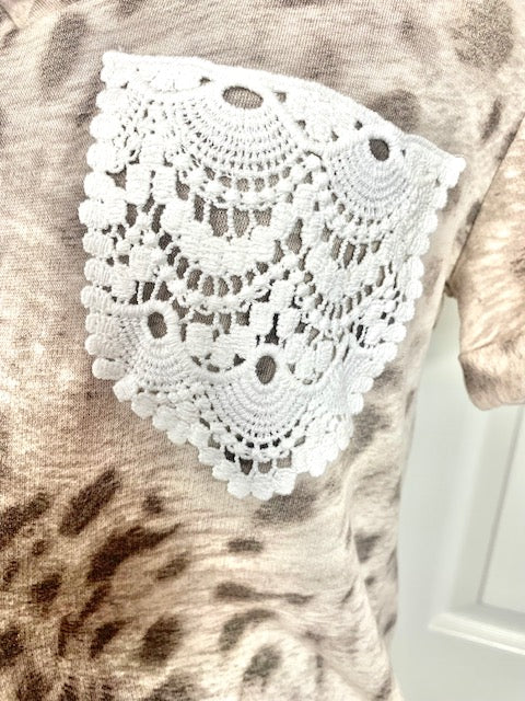 Cozy Chic Leopard V-Neck Tee with Crochet Pocket
