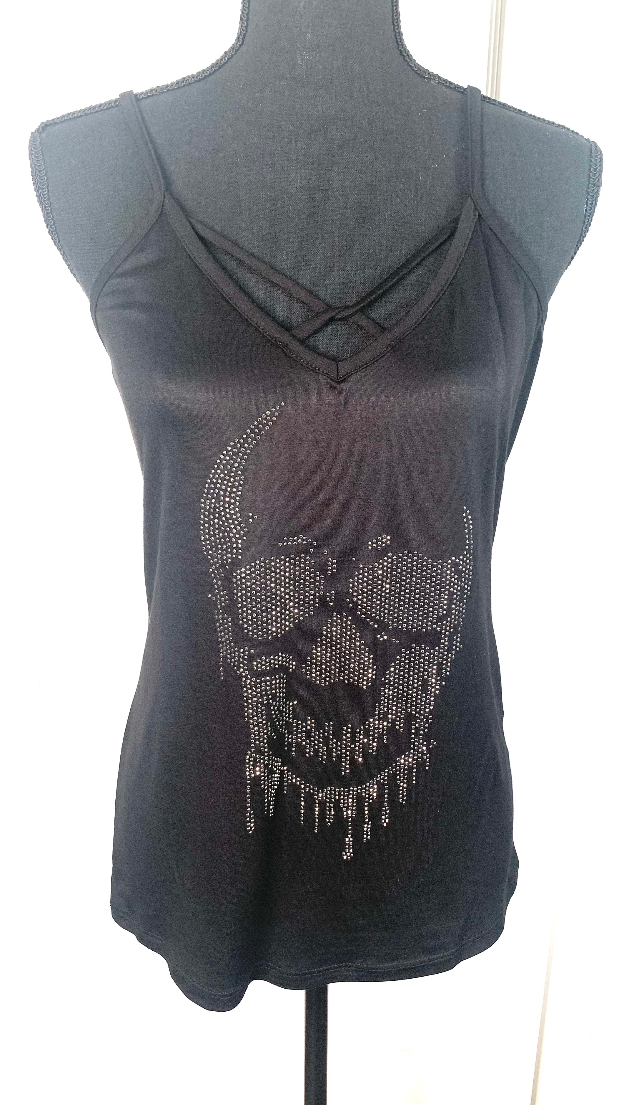 Criss-Cross Skull Tank – Black with Rhinestone Detail