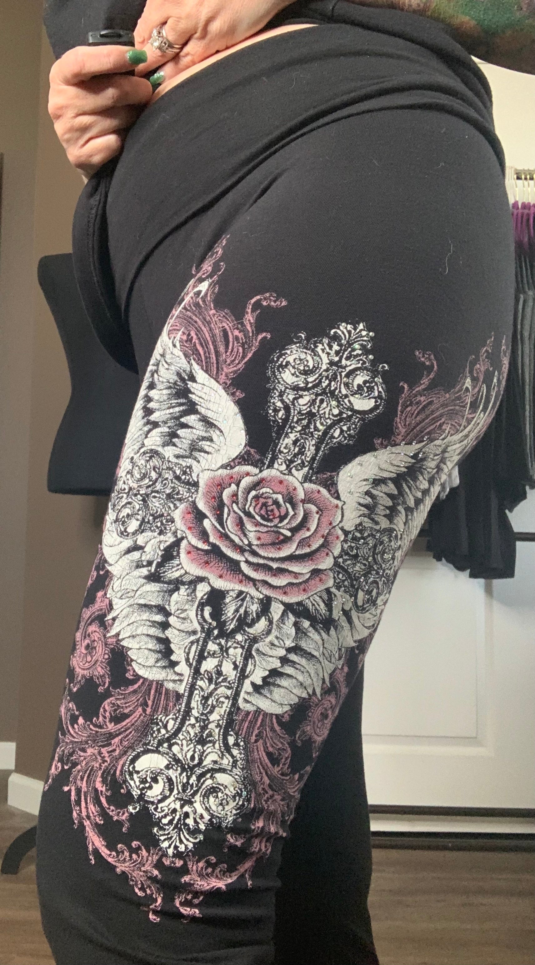 Rebel Rose Flare Pants – Winged Skull & Cross Graphic