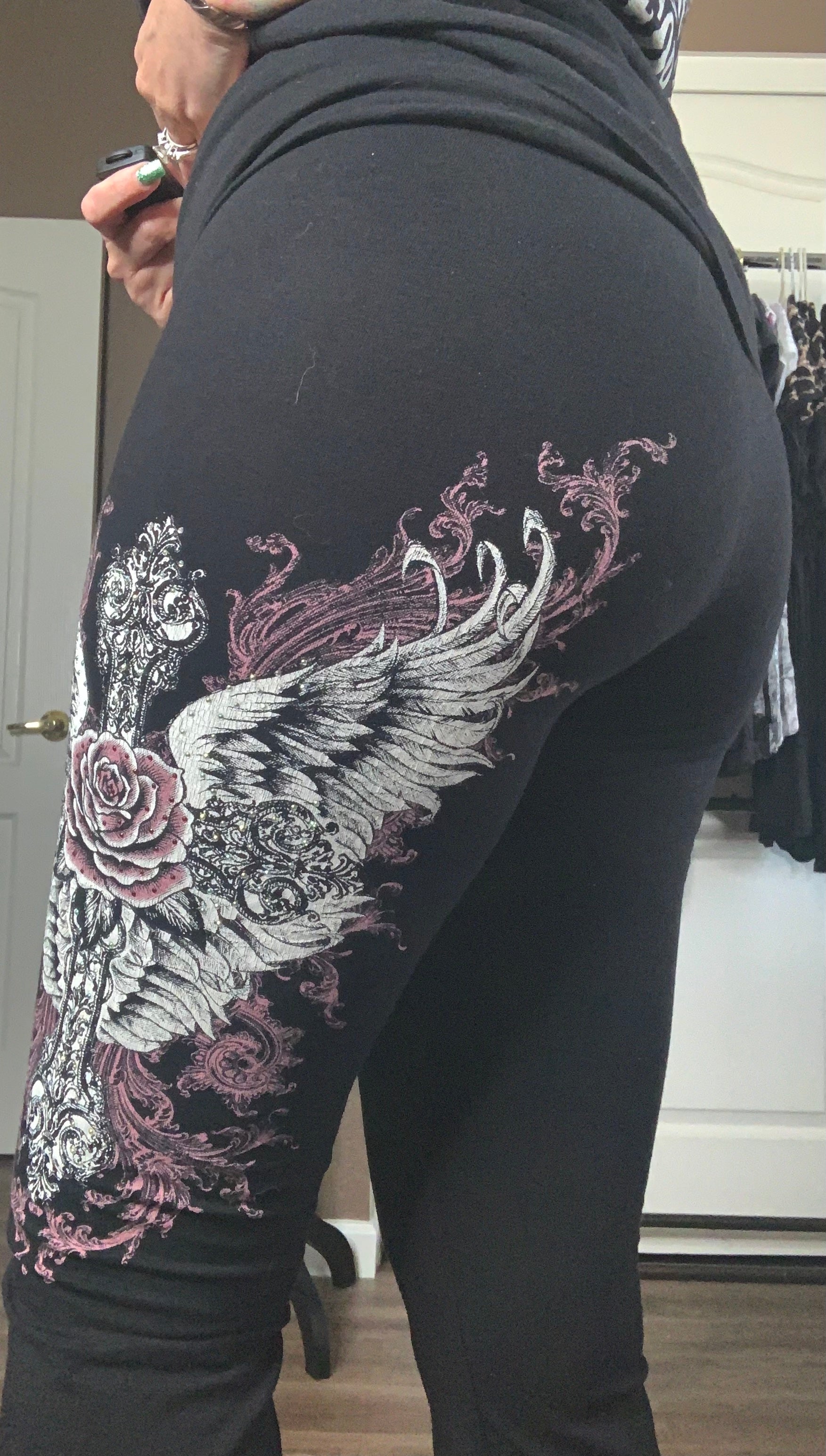 Rebel Rose Flare Pants – Winged Skull & Cross Graphic