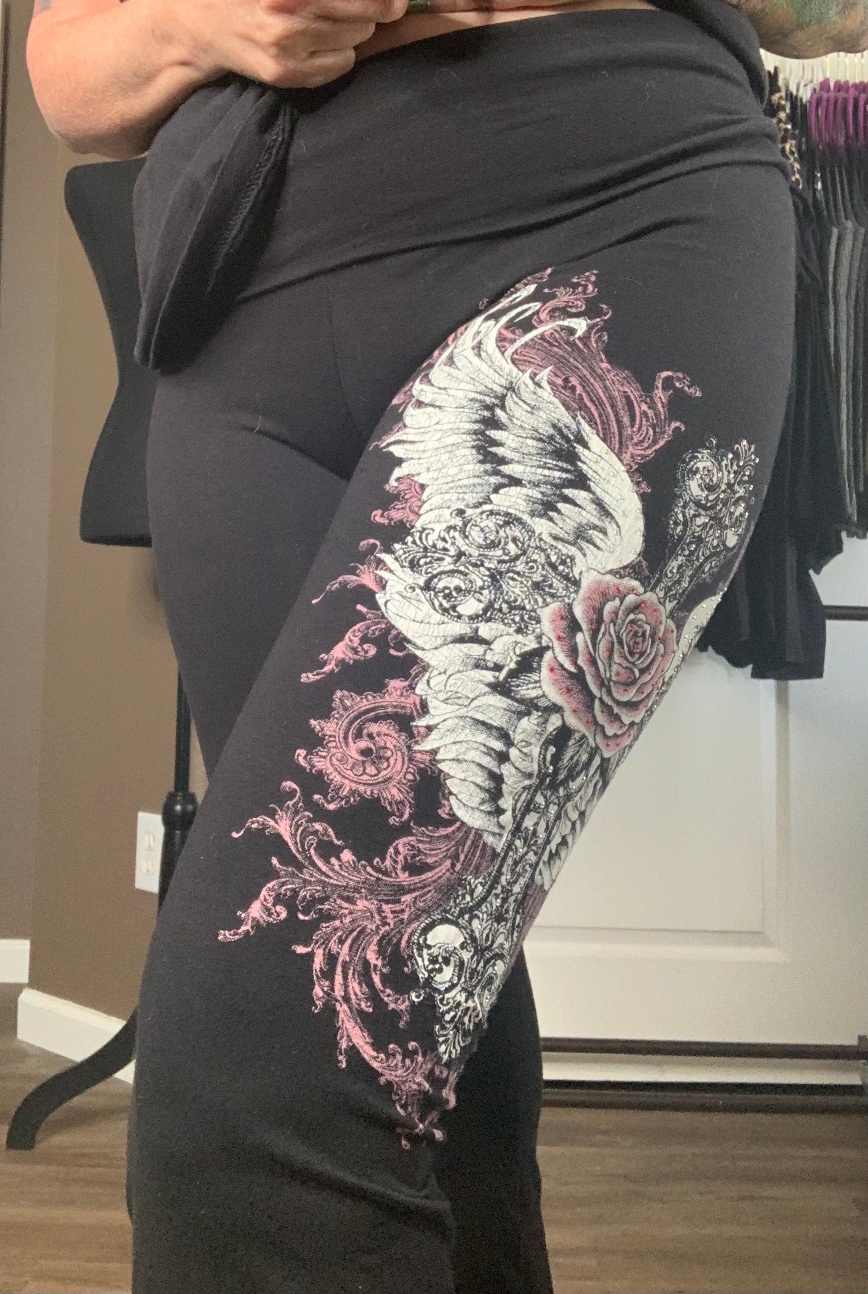 Rebel Rose Flare Pants – Winged Skull & Cross Graphic