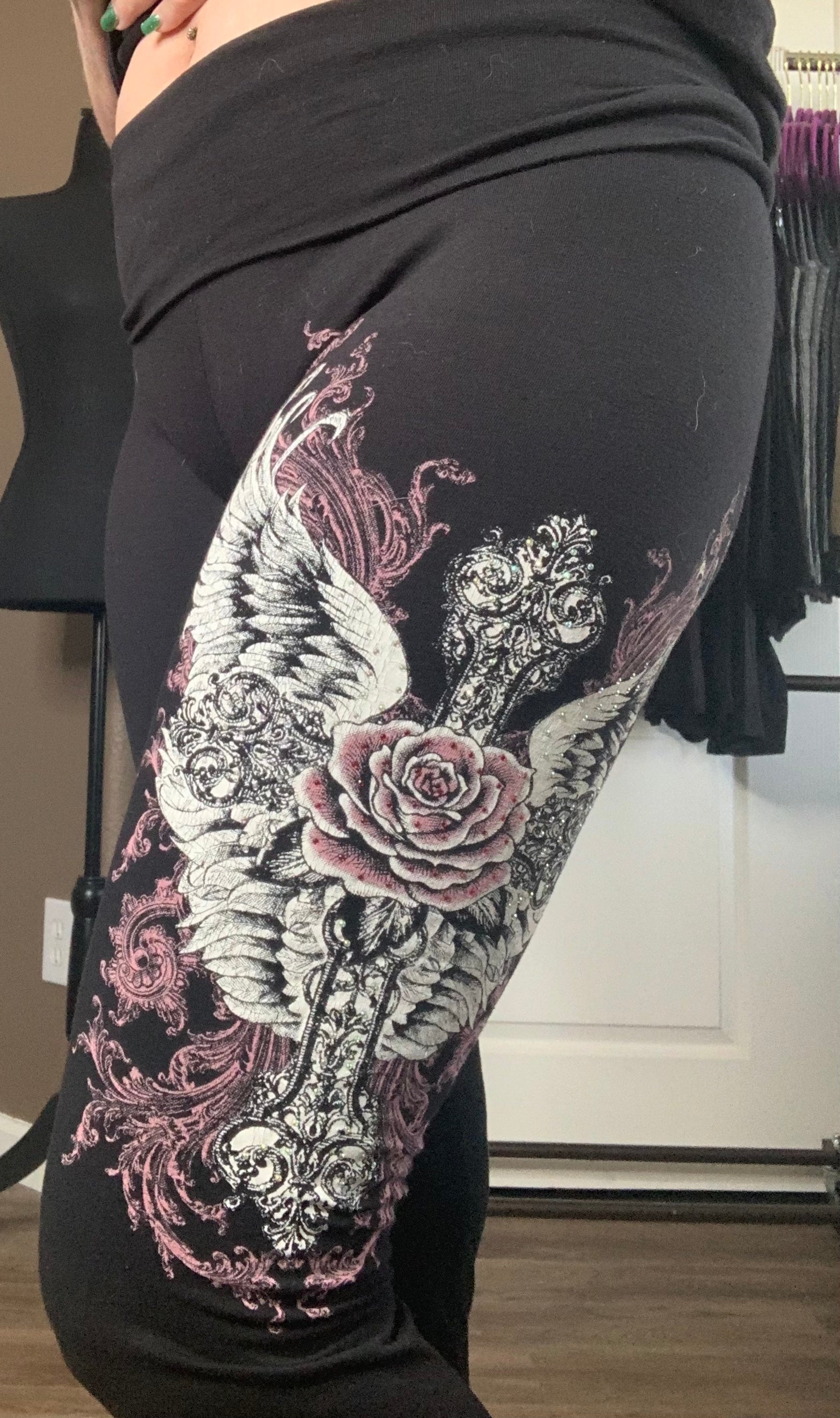 Rebel Rose Flare Pants – Winged Skull & Cross Graphic