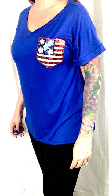 Sequin Stars & Stripes Pocket Tee – Royal Blue