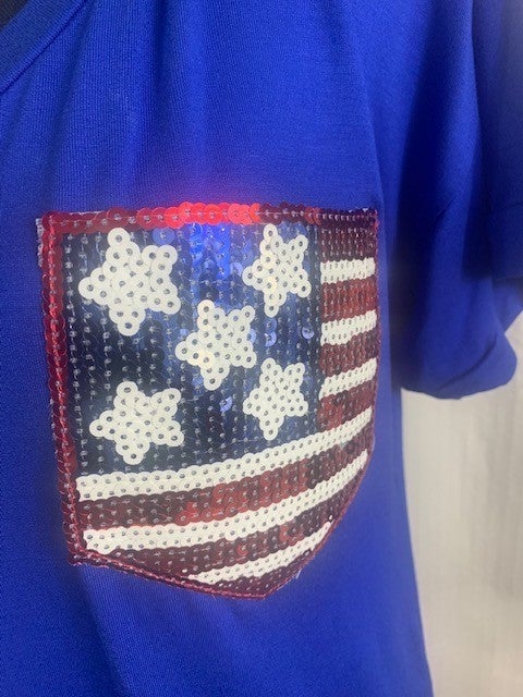 Sequin Stars & Stripes Pocket Tee – Royal Blue