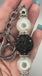 Black & Pearl Beaded Keychain with Heart Clip