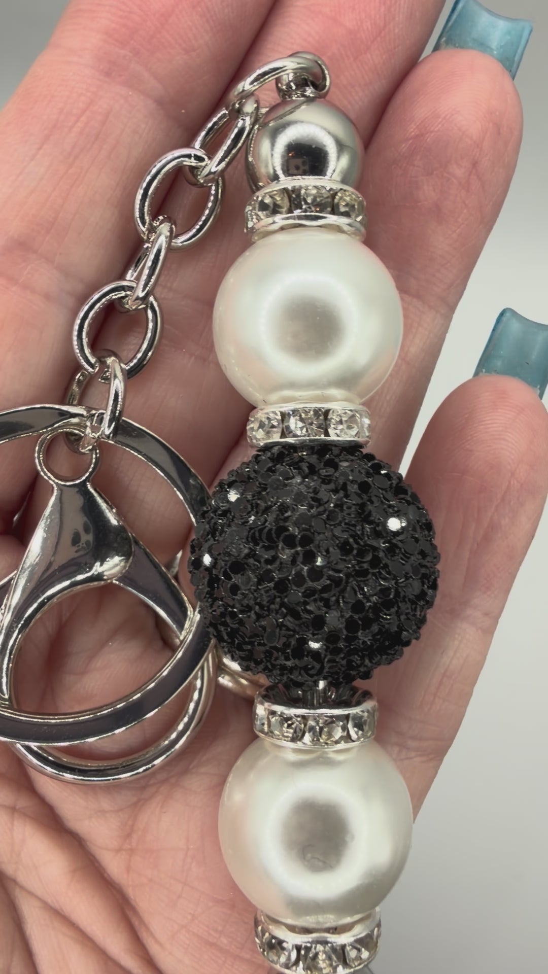 Black & Pearl Beaded Keychain with Heart Clip