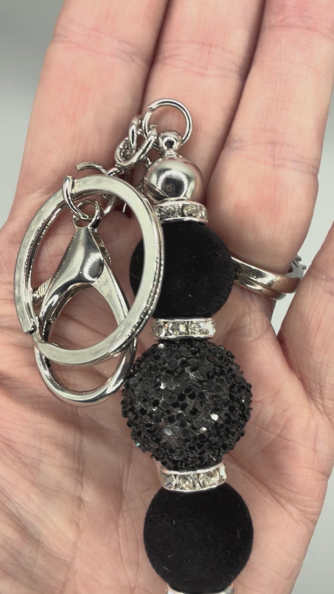 Black Velvet & Rhinestone Beaded Keychain with Lobster Clasp