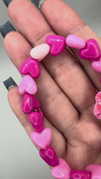 Pink & Red Heart Beaded Bracelet with Rose Accent – Handmade Stretch Bracelet