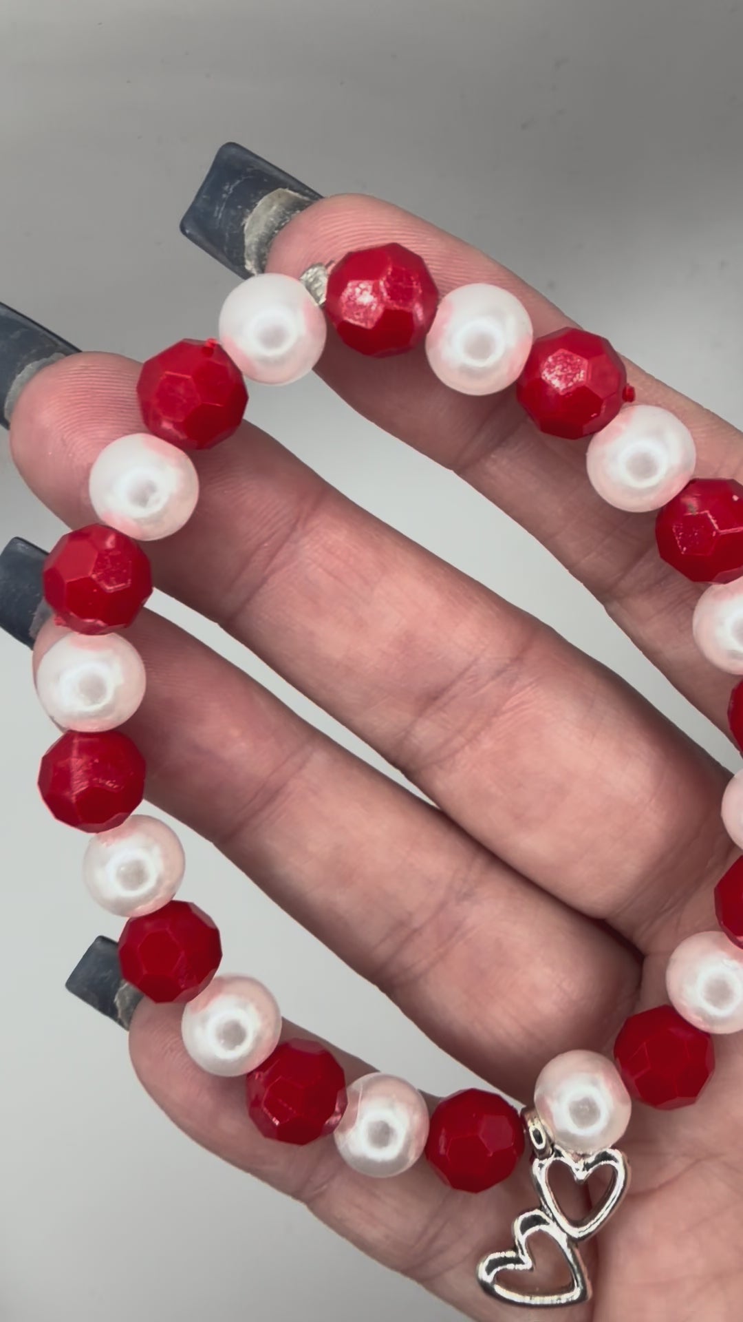 Red & Pearl Double Heart Valentine Bracelet – Beaded Stretch Bracelet