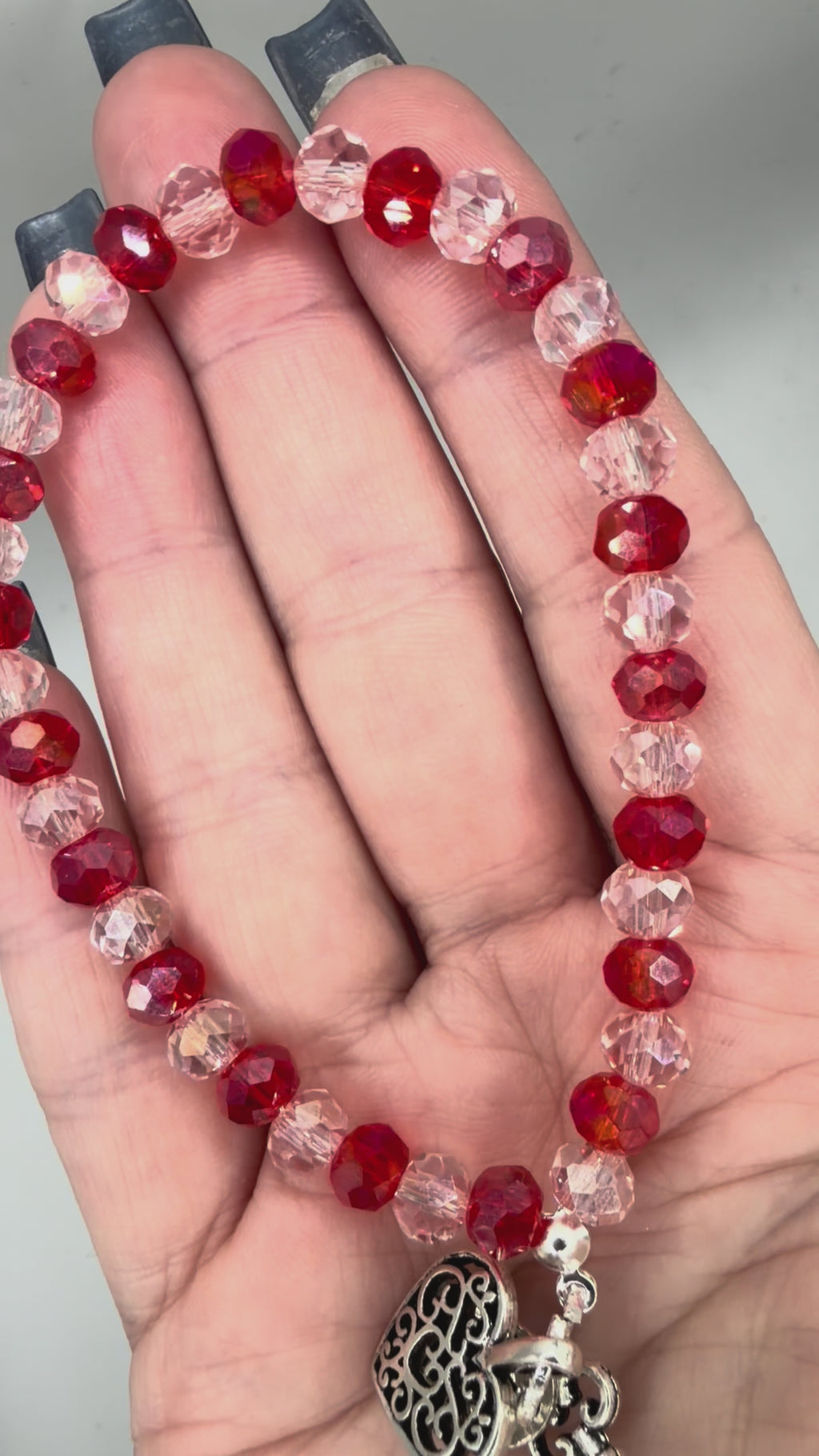 Red & Blush Faceted Heart Key Charm Bracelet – Valentine Stretch Bracelet