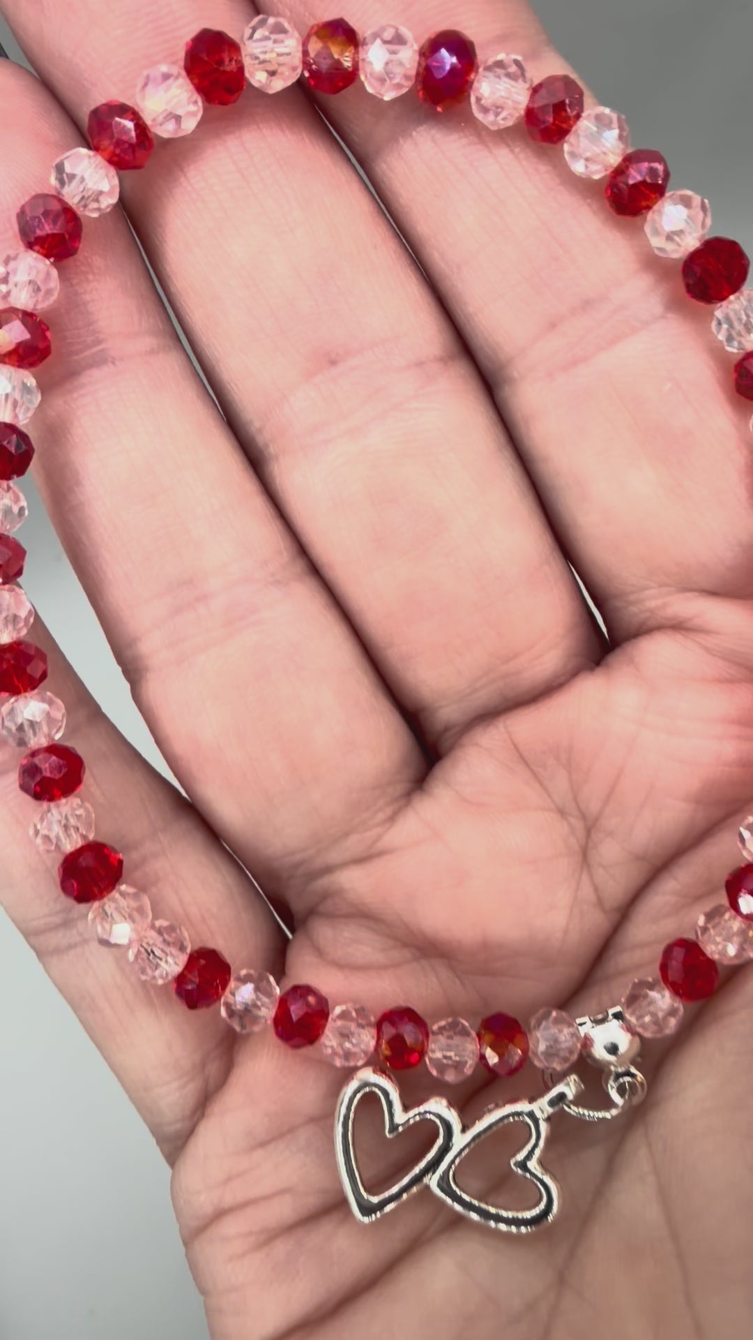 Double Heart Valentine Beaded Bracelet – Pink & Red Crystal Stretch Bracelet