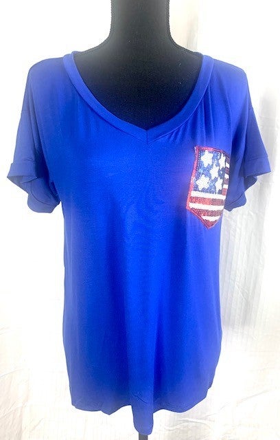 Sequin Stars & Stripes Pocket Tee – Royal Blue